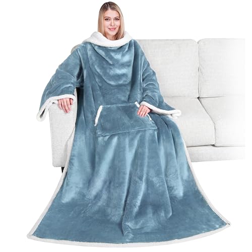 PAVILIA Sherpa Wearable Blanket with Sleeves and Pocket, Plush Thick Cozy Body Blanket Wrap for Adult Women Men, Christmas Gift for Wife Mom, Dusty Blue - color: Dusty Blue