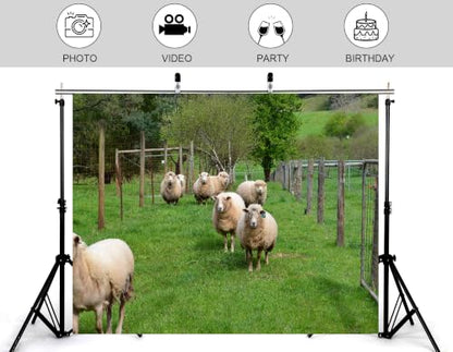 5x3ft Fabric Wool Sheep Herd Backdrop Fluffy White Ewe Lush Green Pasture Wire Fence Spring Tree Photography Background Tapestry Farm Wildlife Animal Decorations Photo Booth Props - size: 5x3ft