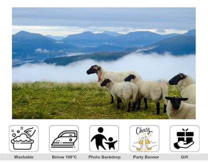 5x3ft Fabric Black Face Wool Sheep Backdrop Green Highland Meadow Misty Fjord Mountain Overcast Sky Photography Background Tapestry Party Alpine Pasture Decorations Photo Booth Props - size: 5x3ft