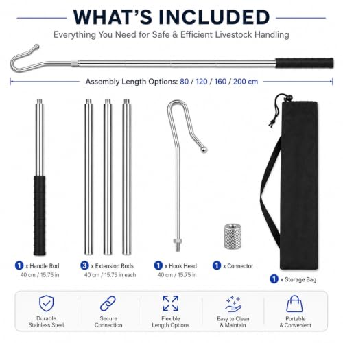 Goat Sheep Catcher Hook, Adjustable 44–75 Inch 5-Section 304 Stainless Steel Sheep Leg Hook with Rounded Ball Tip for Milking, Shearing, Hoof Trimming and Health Checks