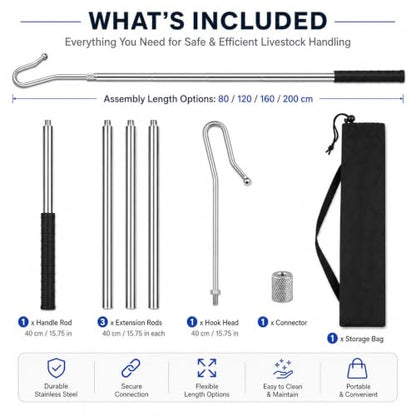 Goat Sheep Catcher Hook, Adjustable 44–75 Inch 5-Section 304 Stainless Steel Sheep Leg Hook with Rounded Ball Tip for Milking, Shearing, Hoof Trimming and Health Checks