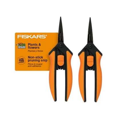 Fiskars 6" Non-Stick Pruning Snips, Resin-Resistant Garden Scissors, 2-Pack | Garden Shears for Weeds, Flower Buds & Small Plants, Steel Blades Stay Sharp, Easy Action Spring, SoftGrip Handles - style: Non-Stick Snips (2-Pack)