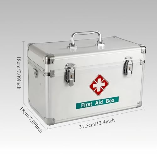 Metal First Aid Box Empty Aluminum Medicine Box Lock with Keys, 12.2 * 7.08 * 7.08” Medium Size Container with Handle, First Aid Kit Box Organizer, Silver