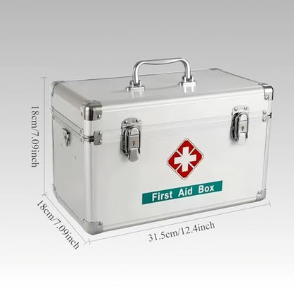 Metal First Aid Box Empty Aluminum Medicine Box Lock with Keys, 12.2 * 7.08 * 7.08” Medium Size Container with Handle, First Aid Kit Box Organizer, Silver