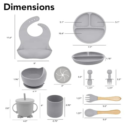 Silicone Baby Feeding Set Moon Gray Infant Tableware Collection with Bib Suction Bowl Utensils Straw Cup Snack Container - color: Moon Gray