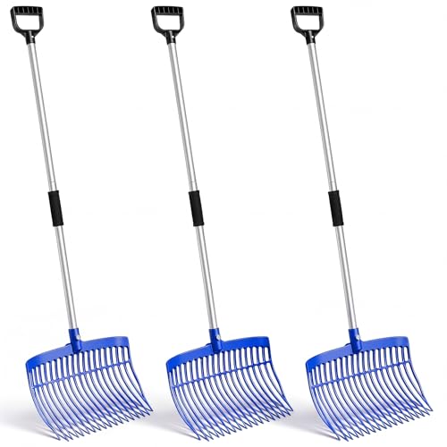 Lasnten 3 Sets Blue Manure Fork with Long Metal Handle 18 Fine Tines Pitch Fork Manure Rake Heavy Duty Muck Rake for Gardening Horse Stable Grass Hay Cleaning Farm Work, D Shaped Grip (Blue) - color: Blue
