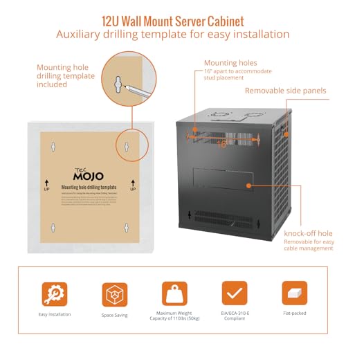 Tecmojo 12U Wall Mount Rack Network Cabinet for 19” IT Equipment,with Lockable Mesh Door and Removable Side Panels,Cooling Fan,Black,17.7inch Deep - size: 12U/Mesh Door/Black