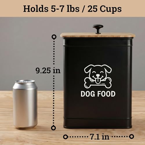 Metal Dog Food Container 5-7lb, 25 Cup w/ Airtight Bamboo Lid, Metal Handle - color: Black: Dog Face