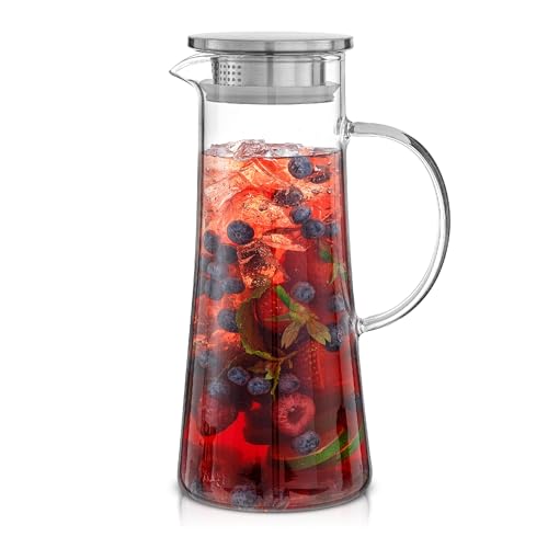 JoyJolt Glass Pitcher with Lid - 50oz Borosilicate Water Carafe, Jug with Stainless Steel Lid for Iced Tea, Lemonade, Juice, Mixed Drinks - size: 50 Ounces