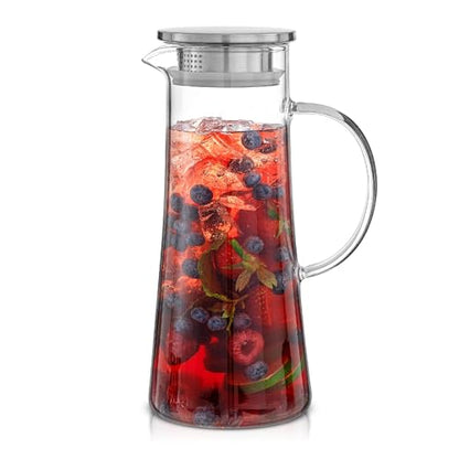 JoyJolt Glass Pitcher with Lid - 50oz Borosilicate Water Carafe, Jug with Stainless Steel Lid for Iced Tea, Lemonade, Juice, Mixed Drinks - size: 50 Ounces