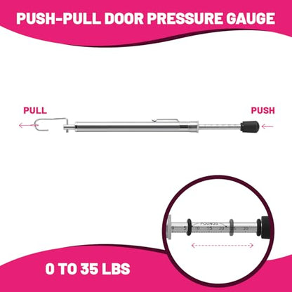 Push-Pull Door Pressure Gauge, 0-35LBS/16KG, ADA & Fire Code Compliant, Stainless Steel Body with Zinc-Plated Scale, 5% Accuracy