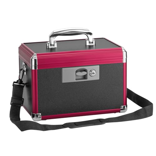Medicine Lock Box with Key Lock - 12" Hard Case First Aid Safe Medication Storage with Removable Tray & Pockets for Pills, Home, Car & Outdoor - Black Red [with Strap] - size: Medium