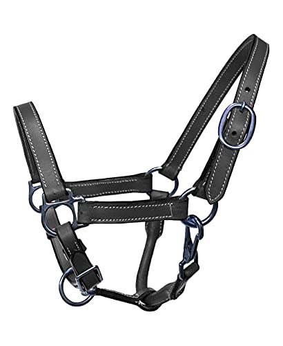 Miniature Horse Size Leather Halter with Steel Plated Hardware - color: Black