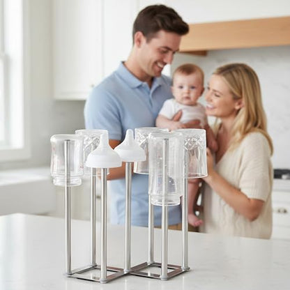 Water Bottle Drying Rack, Cup Drying Rack for Counter, Stainless Steel Tumbler Dryer Stand, Space-Saving Mug & Glass Drying Rack, Heavy-Duty Holder for Cups & Water Bottles (Silver – 7 Pegs) - color: Silver – 7 Pegs