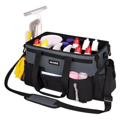 JKAOO Large Wearable Cleaning Caddy Bag with Handles, Gray | Adjustable Shoulder & Waist Straps, Removable, Waterproof Tote for Cleaning Supplies, Home, Car, Office - color: Gray