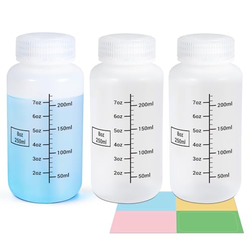 8oz Wide Mouth Plastic Bottles with Airtight Lids, Graduated Food Grade Leak Proof PP Containers Jars for Water Sample Lab Reagent Liquid Medicine Storage (Translucent, 3 Pack) - color: Translucent, size: 8oz(250ml)