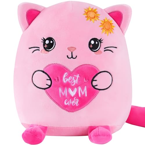 Best Mom Ever Gifts, 10-Inch Pink Cat Stuffed Animal Mom Birthday Gift from Daughter Son, Unique Present Ideas for Birthday Mother’s Day Christmas, Cute Plush Toy for Girl Boy New Moms - style: Mom Cat