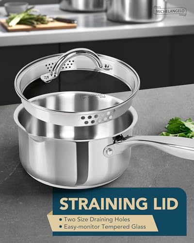 MICHELANGELO 18/10 Stainless Steel Saucepan Set with Steamer, 1QT & 2QT - size: 1+2QT