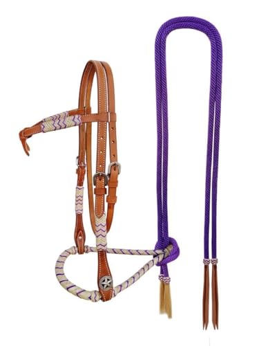 Horse Western Knotted Bosal Rawhide Hanger Headstall w/ Braided Reins 78J04 - color: Brown Purple