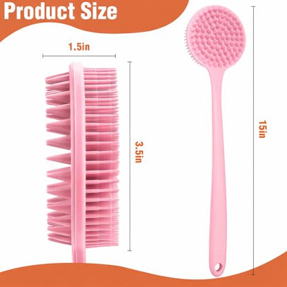 Silicone Body Scrubber for Shower Men Women – Dual-Sided Exfoliating & Massage Shower Brush with Long Handle, Creates Rich Lather, Includes 1 Hook & 2 Lather Balls (Pink). - color: Pink