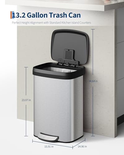 Garvee 13 gal / 50 L Stainless Steel Trash Can with Lid, Large Garbage Can for Kitchen, Rustproof Step-on Kitchen Metal Trash Bin with Liner Rim, Rear Handle, Soft Close Plastic Lid, Silver - color: Silver, size: 13.2 Gallons