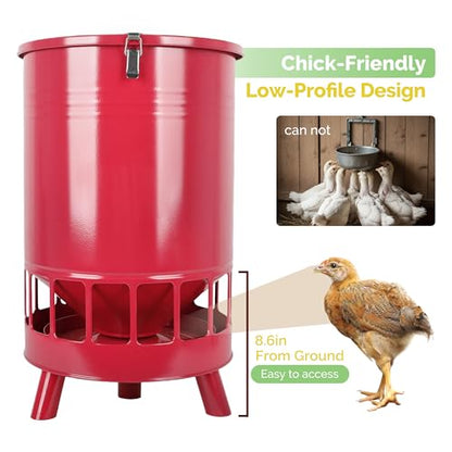 Solution4Patio 50LB No-Waste Chicken Feeder, Large Capacity Gravity Dispenser with Spill Control & 16 Feeding Ports Poultry Feeder for Outdoors & Hen Coop (Red) - color: Red