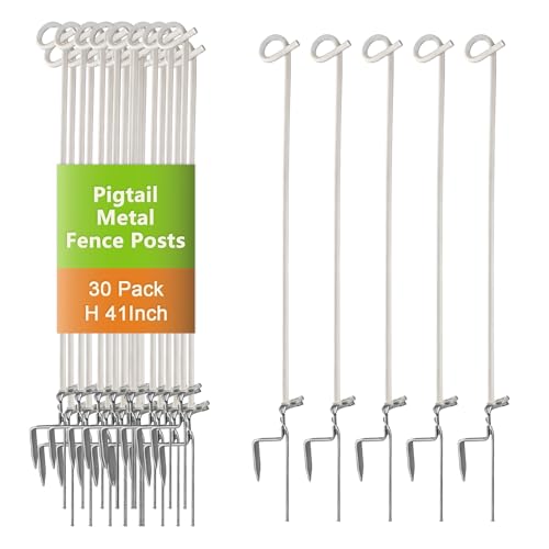 30 Pack Heavy Duty Pig Tail Step in Electric Fence Posts 41" 8mm Steel Farm | Full Insulation Galvanized Steel Portable No Dig Temporary Fence Stakes, Electric Fencing Livestock, Cattle, Horses, Garden