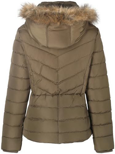BodiLove Women's Fur Hooded Thickened Jacket with Fleece Lining - color: Olive (Light Weight), size: Small
