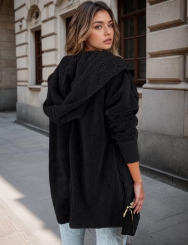 Zilcremo Women Hooded Cardigan Open Front Fuzzy Jacket - color: Black, size: Small