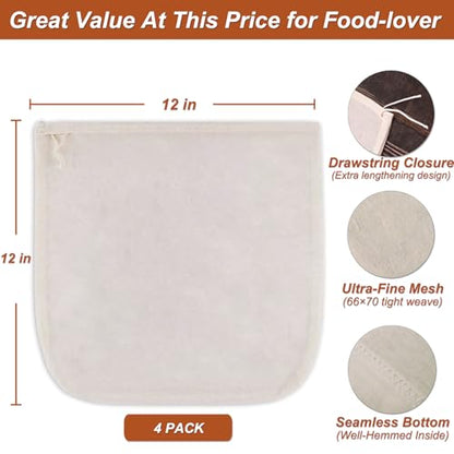 4 Pcs 12"x12" Nut Milk Bag with SGS Tested 100% Nature Unbleached Cotton, Premium Cheesecloth Bags for Straining, Reusable Nut Bag Strainer for Making Almond & Nut Milks, Cold Brew, Yogurt, Juicing - color: cheesecloth bags - 4 Pcs