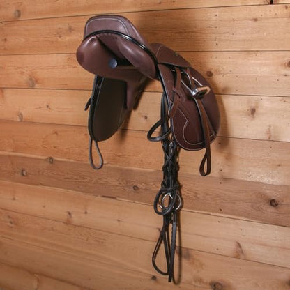 EASY-UP Collapsible English Horse Saddle Rack | Mount on Stall Fronts, Trailers or Tack Rooms | No Tilting | Bar Length of 17-½” | Built in Bridle or Tack Hook