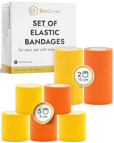 Self-Adhesive Elastic Dog Bandages for Wounds Protect from Licking, Dirt and Scratching – Set of Wraps from Natural Rubber Latex – Dog Bandage for Large & Small Pets – 5 х 5 cm + 2 х 10 cm Rolls - size: 5 pcs x 5 cm + 2 pcs x 10 cm