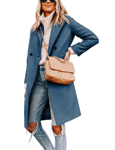 Women's Winter Wool Coat Casual Notch Lapel Single-Breasted Peacoat - color: Blue, size: Small