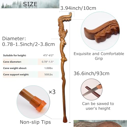 Wooden Walking Canes for Men and Women, Natural Rosewood Walking Sticks for Senior Support, Up to 500 Lbs Walking Stick, Heavy-Duty Walking Cane for Men, Suitable for Gift