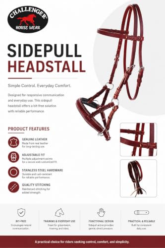 Horse Western English Leather Bitless Sidepull Bridle w/ Split Reins 77RS11 - color: Mahogany