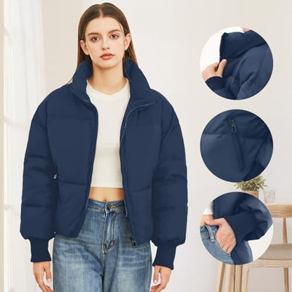 SXGYH Women’s Winter Cropped Puffer Jacket Coat Casual Quilted Baggy Long Sleeve Zip Down Jackets Outerwear - color: Dark Blue, size: Small