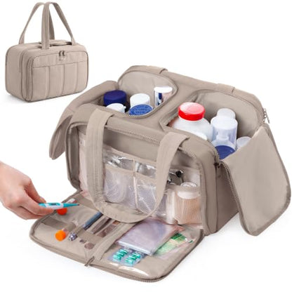 Travel Medicine Storage Bag with 2 Compartments, Wide-Mouth Medical Organizer, Puffy Lightweight First Aid Bag for Prescription Bottles, Pill Cases, Medical Supplies & Family Emergency Essentials - color: Greige