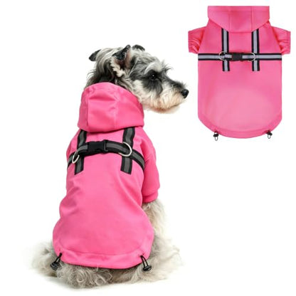 PUPTECK Dog Raincoat with Hood & Harness Built-in, Waterproof Dog Rain Jacket Slicker Poncho Reflective Vest Clothes for Rainy Snowy Winter Cold Days, Fuschia S - color: Fuschia, size: S (Back 13.2", Chest 18.5", Neck 13.9")