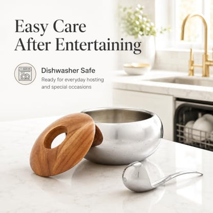 nambe Scoop Ice Bucket | Insulated Ice Bucket with Lid and Ice Scoop | Stainless Steel Chiller for Cocktail Bar, Parties Barware and Serve ware | Home Bar & Bar Cart Accessory | Dishwasher Safe | Insulated, Stainless Steel and Acacia Wood, 9"D x 5.7"H