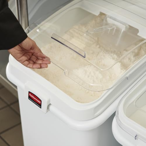 Rubbermaid Commercial Products ProSave Shelf-Storage Ingredient Bin With Scoop, 600-Cup capacity, Plastic, White, Sliding Lid, Container with Wheels for Kitchen/Restaurant Food Organization - size: 600 Cup