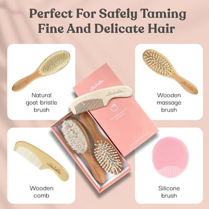 Ullabelle 4 Piece Wooden Baby Hair Brush and Comb Set for Newborns & Toddlers in Chic Gift Box - Ultra Soft Natural Goat Hair and Wood Baby Brush Set Prevents Cradle Cap - Perfect Registry Gift (Pink) - color: Pink