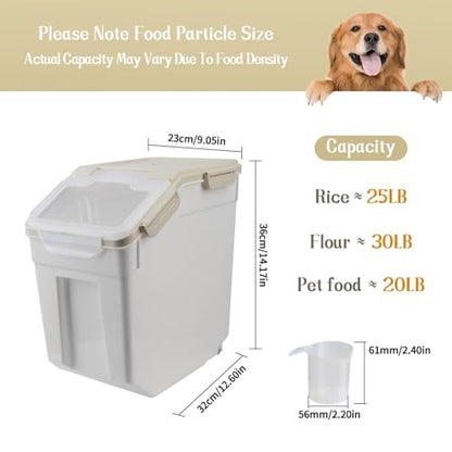 Large Flour Storage Container 25lb, 4 Pack Airtight Rice Storage Containers with Wheels Seal Locking Lid, Measuring Cup, Scoop, BPA Free Dry Food Bin for Sugar, Beans, Grain - Grey - color: 4Pcs 25LB Grey