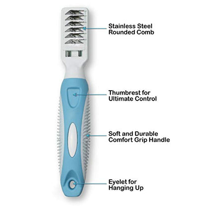 Pets First Professional Pet Mat Remover - Dematting Tool for Grooming Cats & Dogs - Removes Matted Fur, Tangles, Knots, Loose Hair & Dirt - Stainless Steel, Gentle Teeth, Soft Comfort Grip Handle,Blue