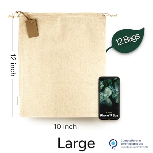 LEAFICO Multipurpose Eco Cloth Bags - Large 10x12 Inch (12 Pack) - Cotton Produce Storage Sacks - Muslin Drawstring Pouches for Vegetables - Bread Bags - Fabric Sachets - size: Large 10x12"