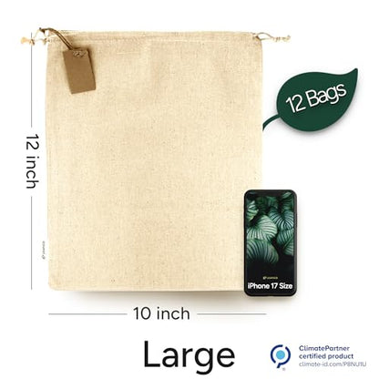 LEAFICO Multipurpose Eco Cloth Bags - Large 10x12 Inch (12 Pack) - Cotton Produce Storage Sacks - Muslin Drawstring Pouches for Vegetables - Bread Bags - Fabric Sachets - size: Large 10x12"