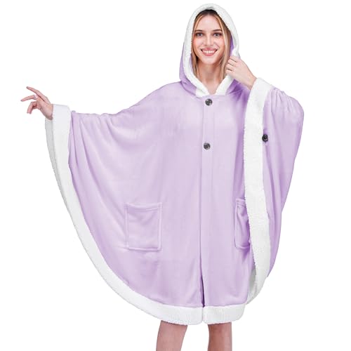 PAVILIA Hooded Blanket Poncho for Women, Fleece Wearable Shawl Wrap, Purple | Fleece Shawl Wrap with Hood, Adult Wearable Blanket, Cozy Warm Poncho Cape Throw with Pockets, Gift for Elderly Mom - color: Purple