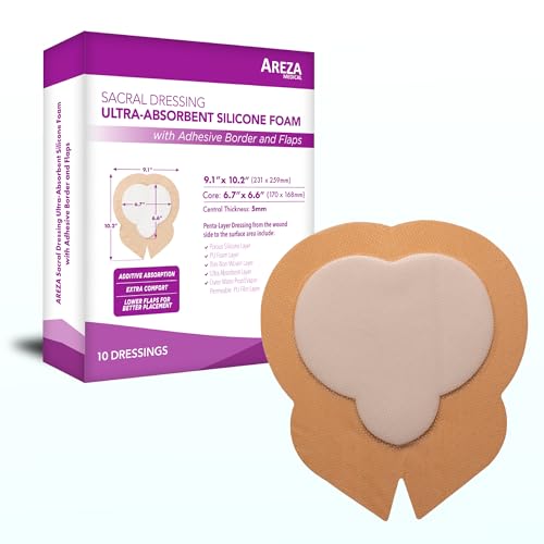 Areza Medical - Silicone Foam with Super-Absorbent Layer - Wound Dressing - Waterproof - with Adhesive Border - Sterile - for Sacral Wounds - 9.1" x 10.2" - 10/Box - 10 Boxes (Total of 100 PCS) - size: 9.1" x 10.2" - 100 PCS