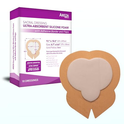 Areza Medical - Silicone Foam with Super-Absorbent Layer - Wound Dressing - Waterproof - with Adhesive Border - Sterile - for Sacral Wounds - 9.1" x 10.2" - 10/Box - 10 Boxes (Total of 100 PCS) - size: 9.1" x 10.2" - 100 PCS