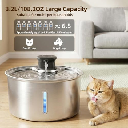 Jzlapro Wireless Cat Water Fountain,108oz Stainless Steel,Battery Operated
