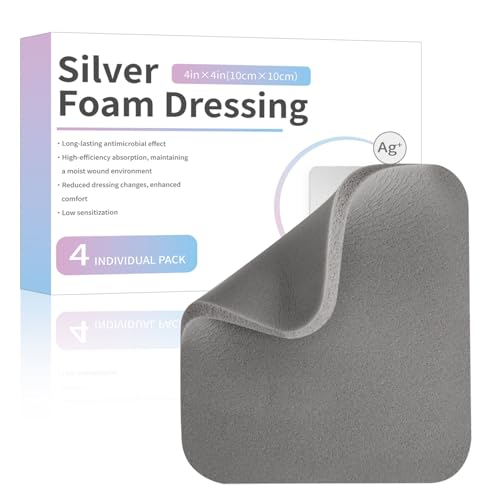 Silver Silicone Foam Dressing Without Border 4 Pack Non Stick Gentle Pads Ag Sterile Highly Absorbent Wound Dressing 4"×4" for Burns Ulcers Abrasions Pressure Sore